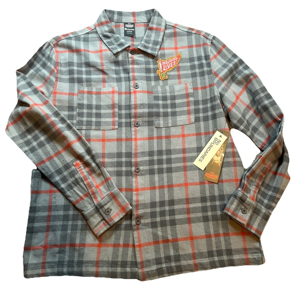 Stranger Things Flannel Hellfire Lives Grey/Red Long Sleeve Mens No Boundaries M